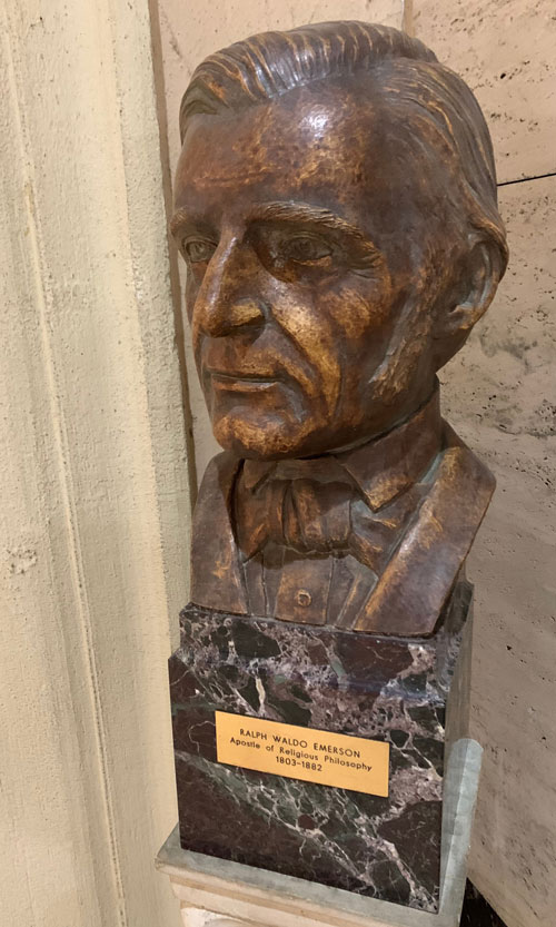 [Copper bust which a placard
identifies as Ralph Waldo Emerson.]